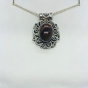 Oxidized Silver Oval Brown Obsidian Scroll Pendant With 20” Long Chain